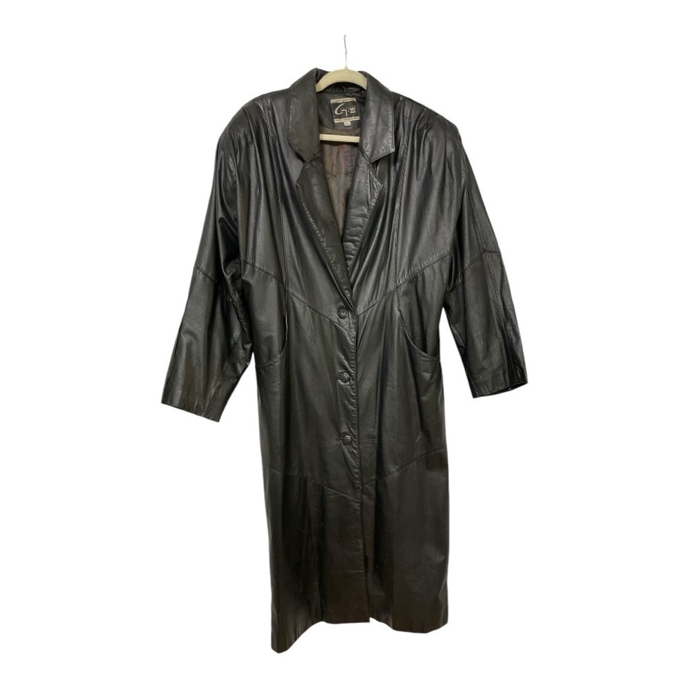 VTG G-III Genuine Leather Trench Coat Long Black Overcoat L Made in Indonesia - Picture 6 of 15